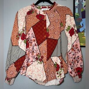 Fate Patchwork boho Mixed Print Blouse Bubble Sleeve Size small Button down